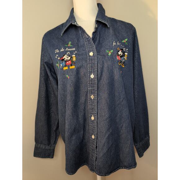 Disney Tops - Walt Disney vtg 90s Mickey Minnie Christmas Holiday denim shirt XL